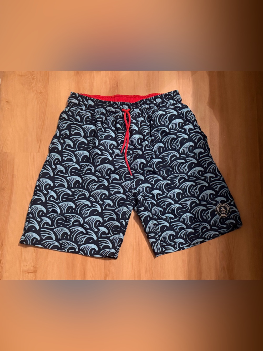 Original Penguin Boys Navy Blue & Light Blue Swim Trunks with Red Drawstring